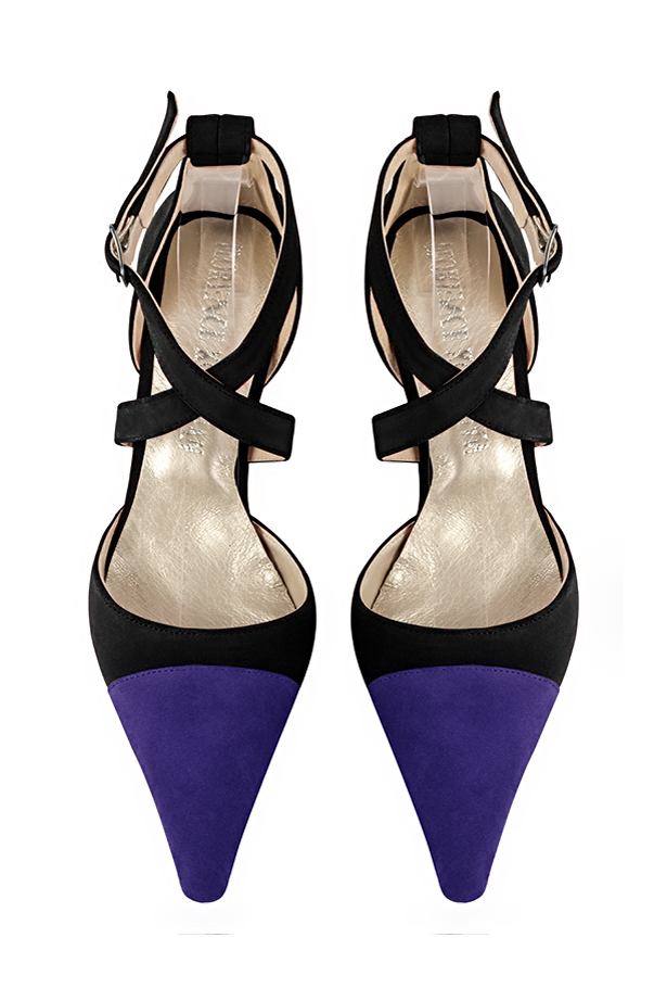 Violet purple and matt black women's open side shoes, with crossed straps. Pointed toe. Medium spool heels. Top view - Florence KOOIJMAN